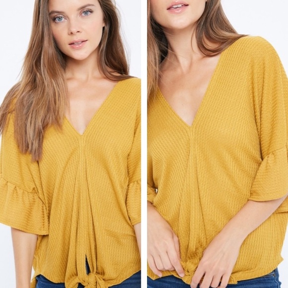 Flutter bell sleeve waffle knit tiefront Vneck top - Picture 2 of 3